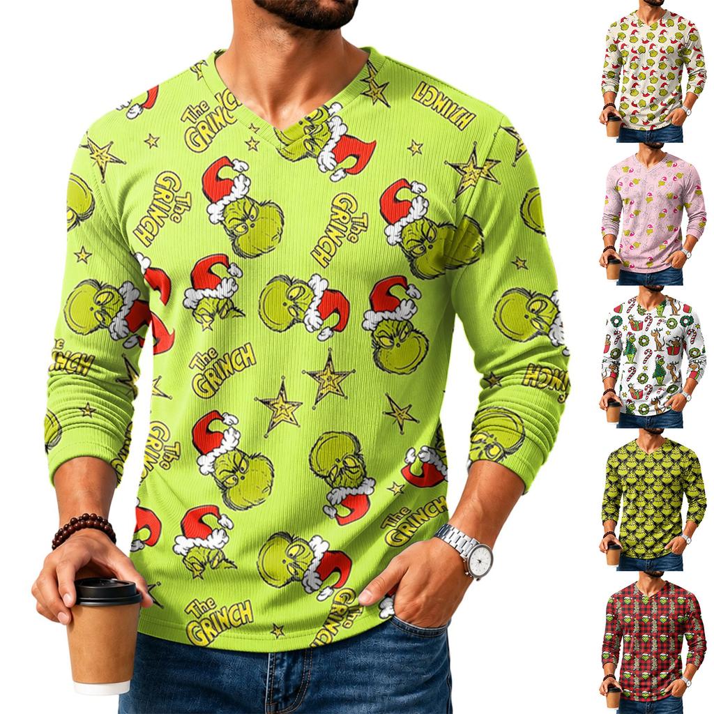 Men's Casual Loose Fit V-Neck Shirt with Christmas Print for Holiday Occasions