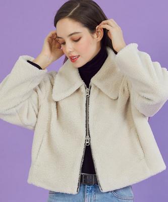 Koleat Women Crop Oversized Sherpa Two-Way Zip-Up Fur Shearling Jacket [Custard] Sheepskin Ver.
