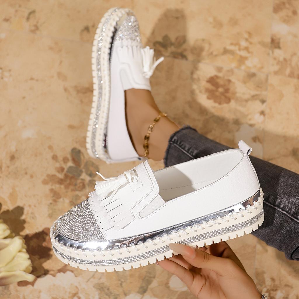 Fashion Aphixta Fringe and Crystals Design Leather Flats Shoes Women Silver Bling Loafers Shoes Woman Flat With Student Footwear Size 43