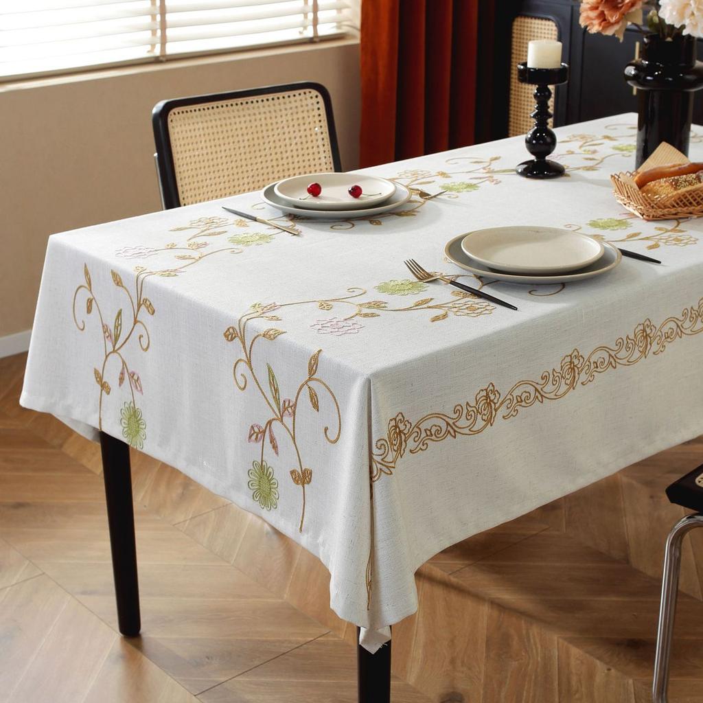 Country Tablecloth Striped Embroidery Flower Linen Heavy Duty Cover Kitchen Dining Table Cloth Home Textiles
