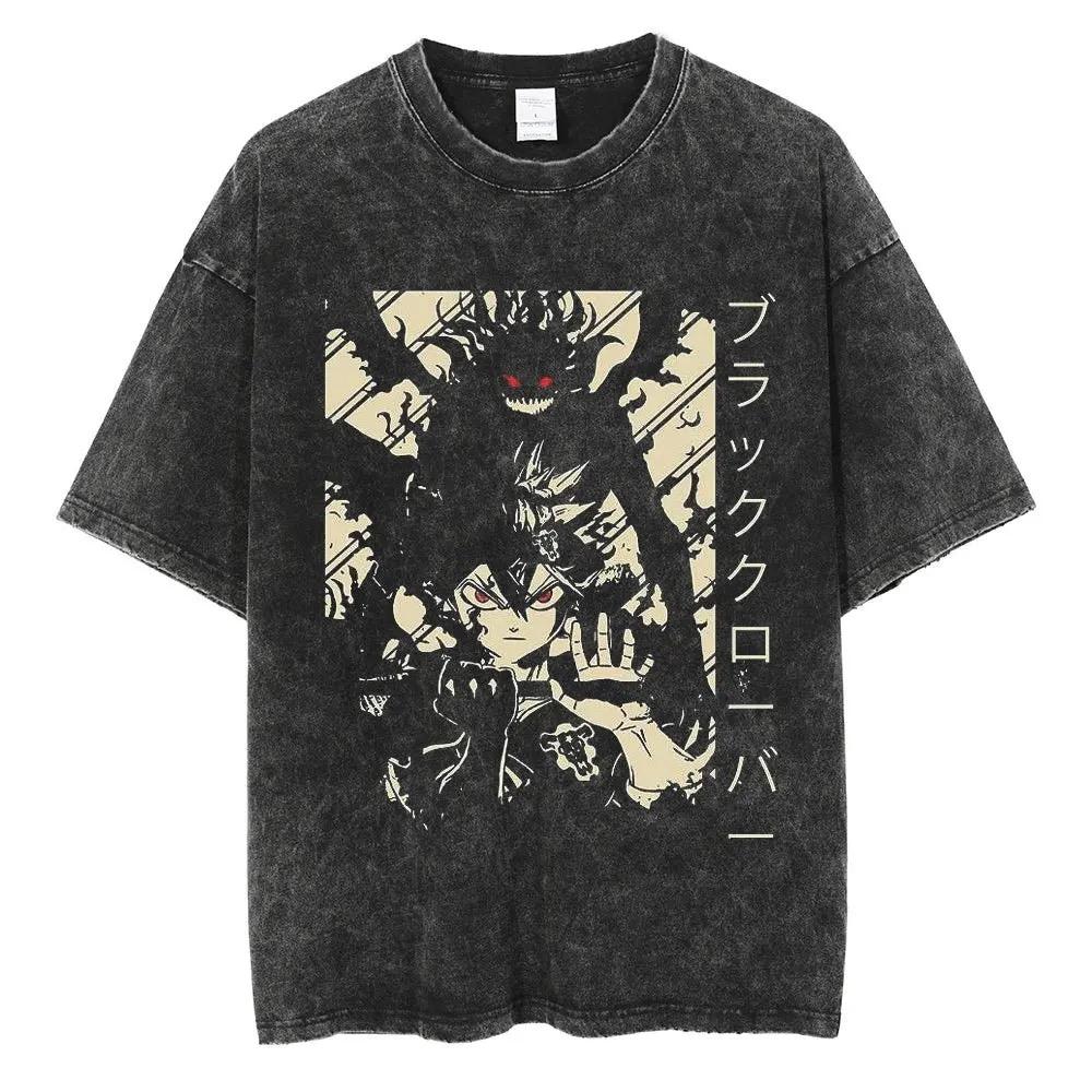Hot Anime Black Clover Asta Logo Graphic Washed T Shirt Men Vintage Cotton Tshirts Manga Oversized Streetwear Harajuku Male Tops
