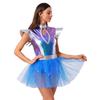 Womens Alien Cosplay Dress Fly Sleeve Front Hollow Out Metallic Shiny Patchwork Tulle Hem Built-in Briefs