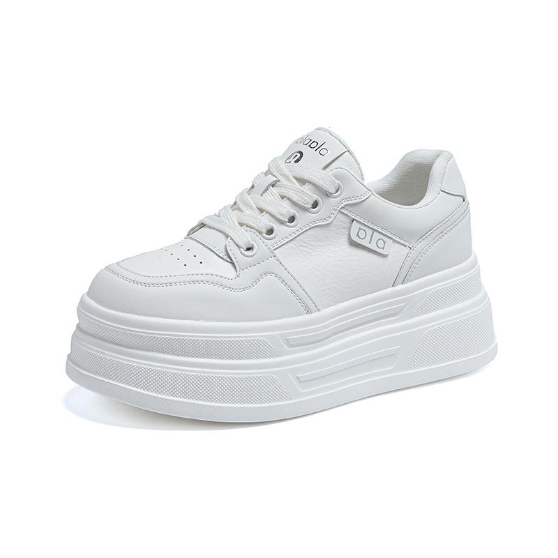 Women's Thick-Soled Height-Boosting White Leather Sneakers - Lightweight, Versatile, and Comfortable Platform Casual Shoes.