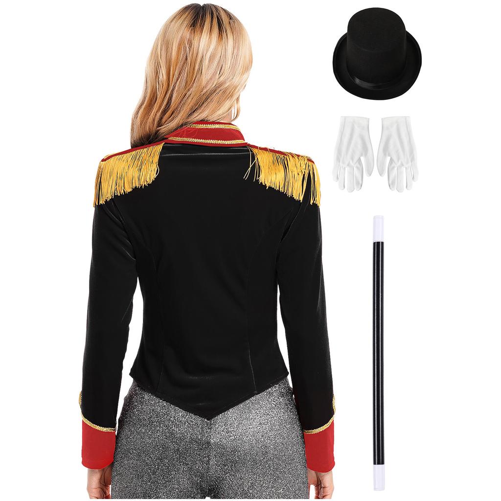 Women Ringmaster Costume Long Sleeve Jacket Stand Collar Fringe Shoulder Boards Golden Trim Hat Gloves Magic Set