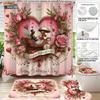 4pcs Valentine's Day Romantic Rose Flower Printed Bathroom Set Waterproof Shower Curtain Floor Mat Toilet Mat U-Shaped Mat