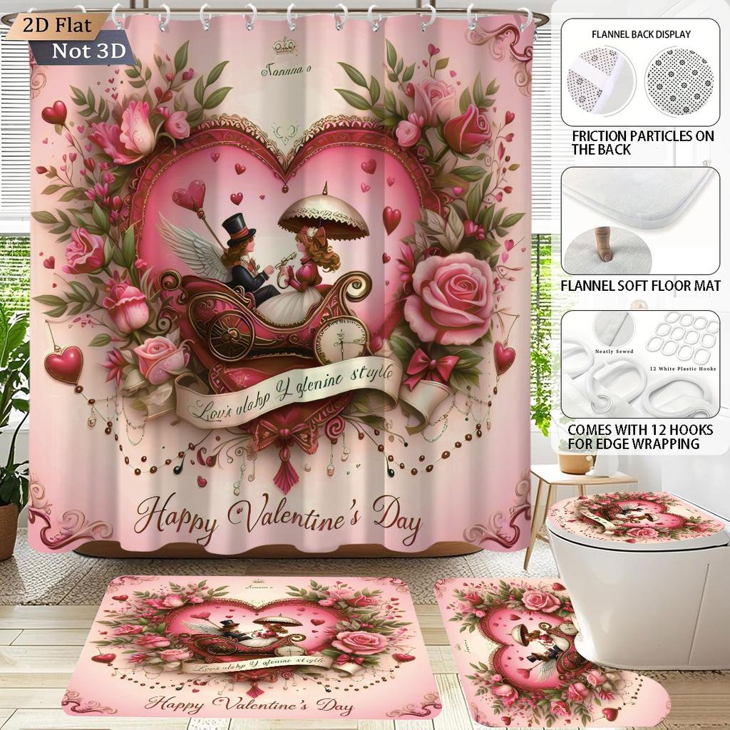 4pcs Valentine's Day Romantic Rose Flower Printed Bathroom Set Waterproof Shower Curtain Floor Mat Toilet Mat U-Shaped Mat