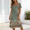 Damen Freizeitkleid Midi Lockerer Schnitt Rundhalsausschnitt Kurze Ärmel Tasche mit Blumendruck für den Alltag und Entspannte Ausflüge