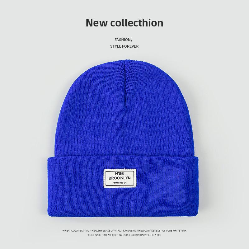 Autumn and Winter Knitted Hat Niche Personality Fashion Melon Rind Wool Hat Warm Protection Amount Simple Letter Cloth Label Cold Hat