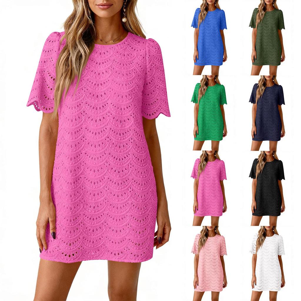 Summer Casual Short Dresses Embroidered Lace Short Sleeve Boho Dress Beach Vacation Clothes