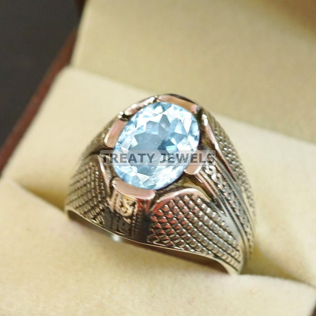 Aquamarine Oval Cut Gemstone With 925 Sterling Silver Ring For Men's #A734 JL375659034784