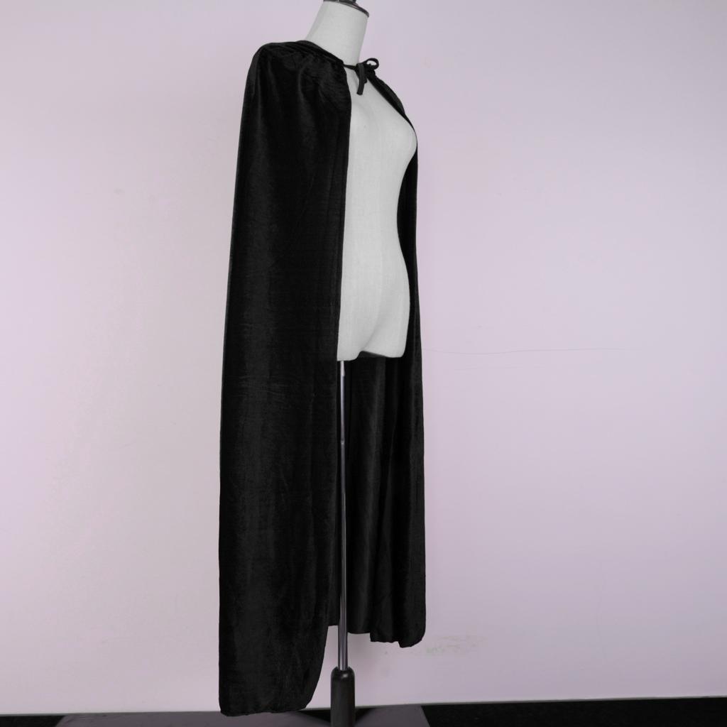 Velvet Ankle Length Cloak Cape With Hood Gothic Fancy Dress Medieval Robe Costume - Black
