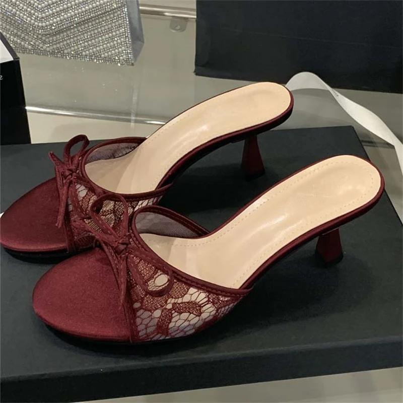 Fashion Eilyken Summer New Fashion Thin Low Heels Women Slippers Breathable Mesh Banquet Sandals Slides Shoes Zapatos De Mujer
