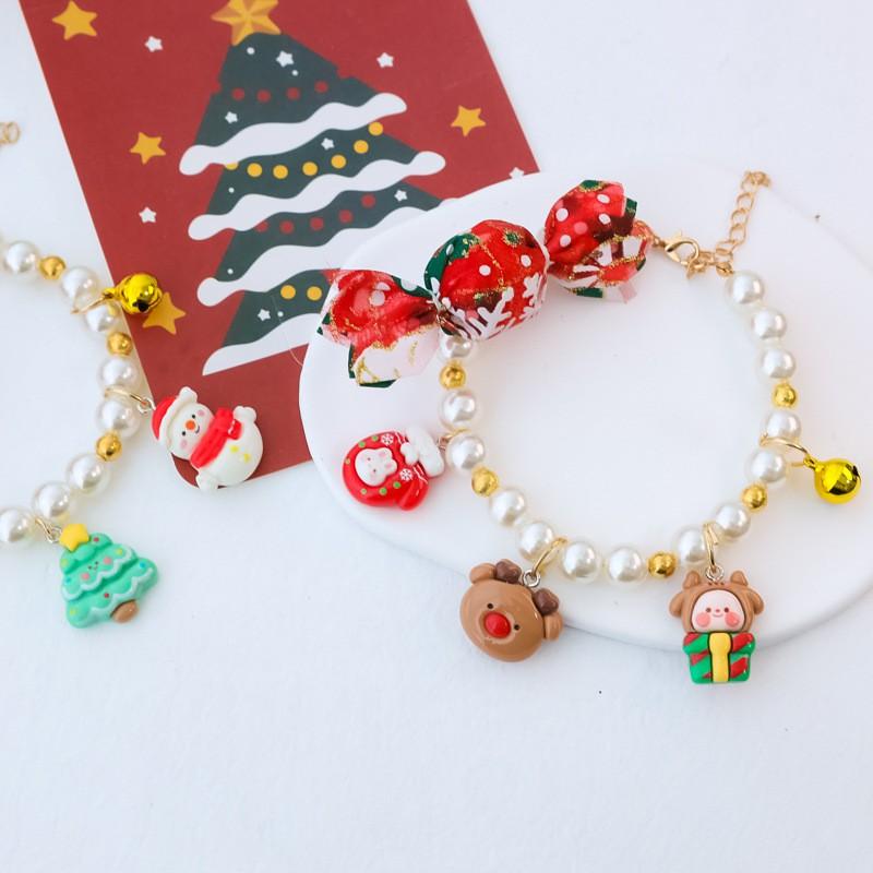Christmas Pet Collar Cute Pearl Necklace Cats Dogs Xmas Gift Santa Elk Snowman Gingerbread Tree