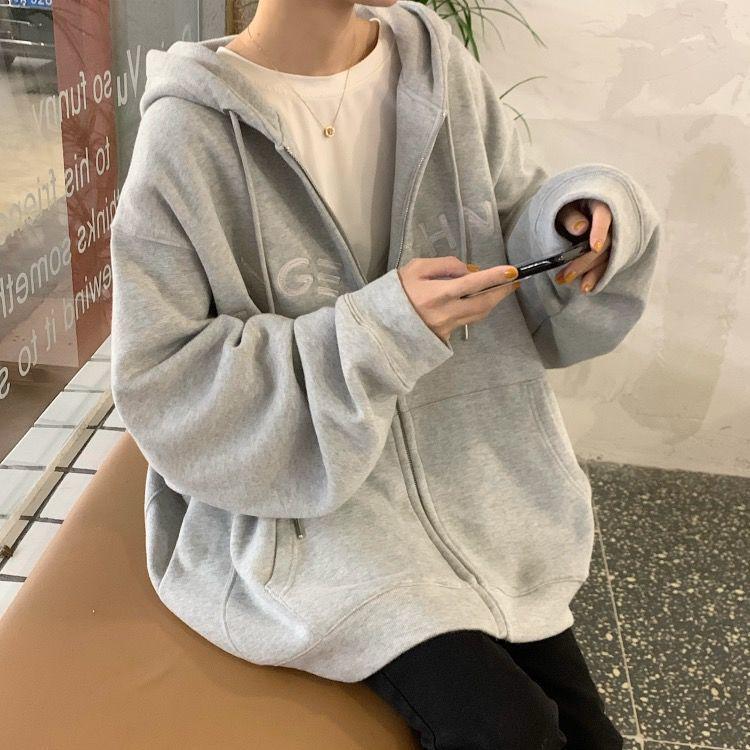 Women's 65% Cotton Embroidered Hooded Sweatshirt - Korean Style Loose Zip-up Jacket (2025 Student Collection)