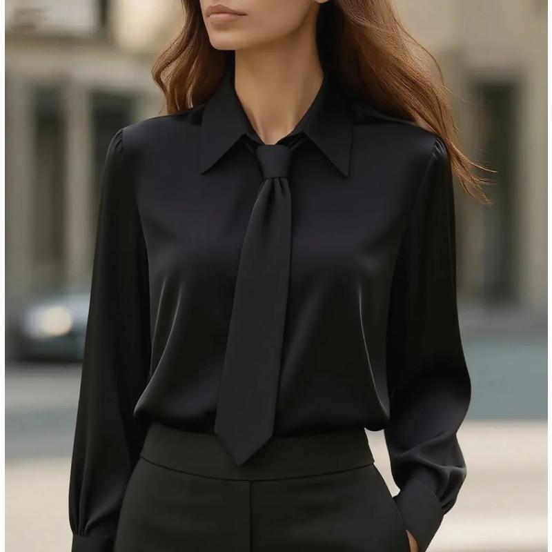 

Women s Elegant Dressy Satin Work Shirt Modern Casual Long Sleeve Shirts Collar Regular Women S чёрный