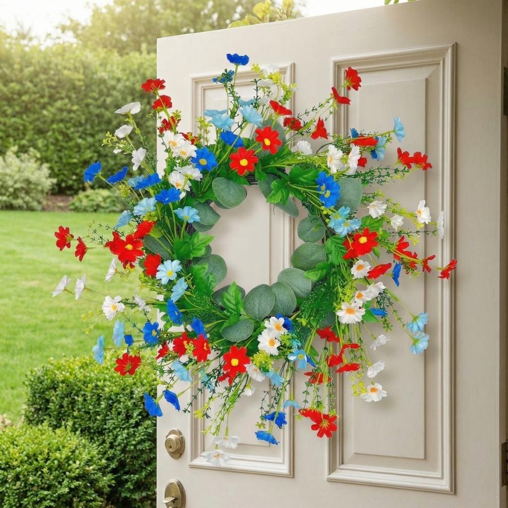 45cm Patriotic Decorative Red, And Blue Wreath – Front Door Wreath / Door Hanging – Independence Day Decoration