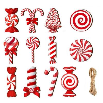 12Pcs New Wooden Christmas Tree Decoration Candy Cane DIY Xmas Pendant Red Hanging Candy Cane Decoration Home Decor