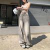 Gentle Atmosphere Mocha Gray Bamboo Pattern High Waist Jeans Women's Clothing Autumn Lazy Loose Straight Wide-leg Pants