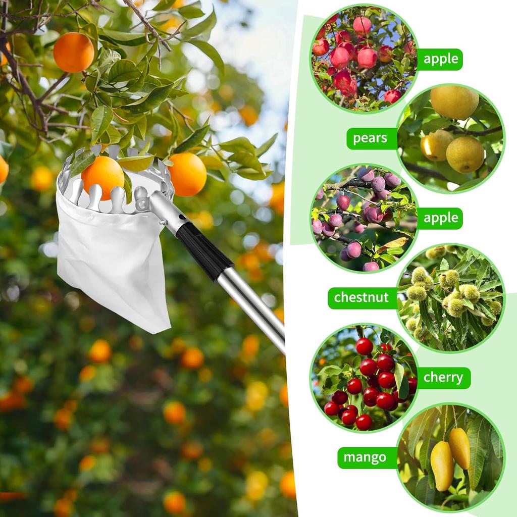 13,1FT Obstpflücker Stange mit Korb Teleskopisch, Baumobstpflücker Werkzeug mit Edelstahlstange & Aufbewahrungstasche für Apfel, Mango, Avocado, Orange, Zitrone