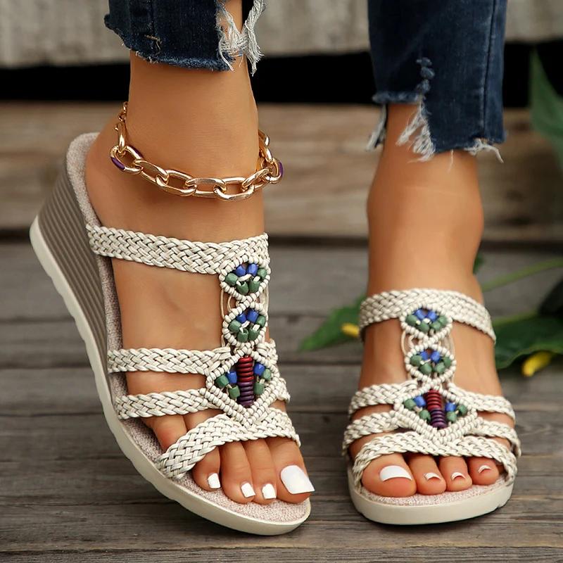 Fashion Bohemia Woven Wedge Heel Sandals Women Summer Thick Bottom Casual Sandles Woman Lightweight Non Slip Gladiator Sandalias Mujer