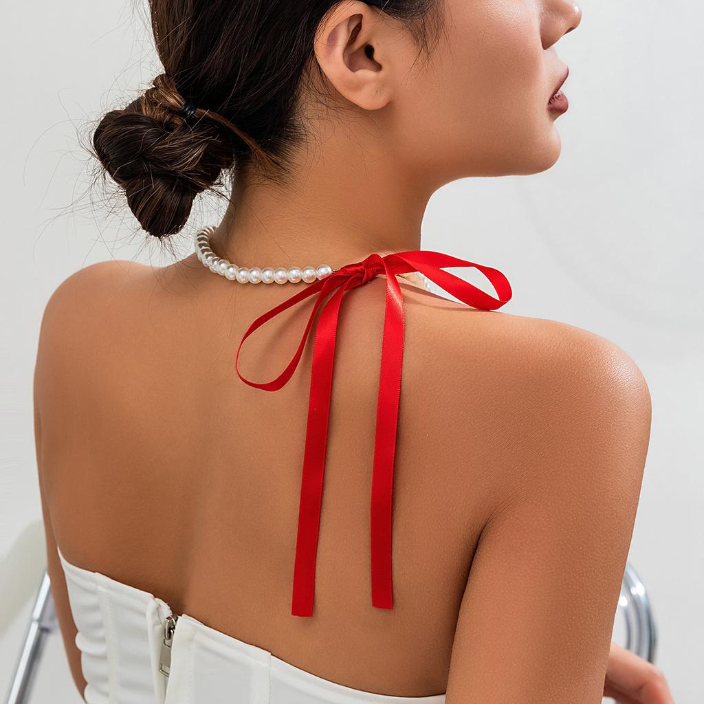 Vintage Long Bow Clavicle Chain Neck Chain DIY Lace Velvet Pearl Necklace Women