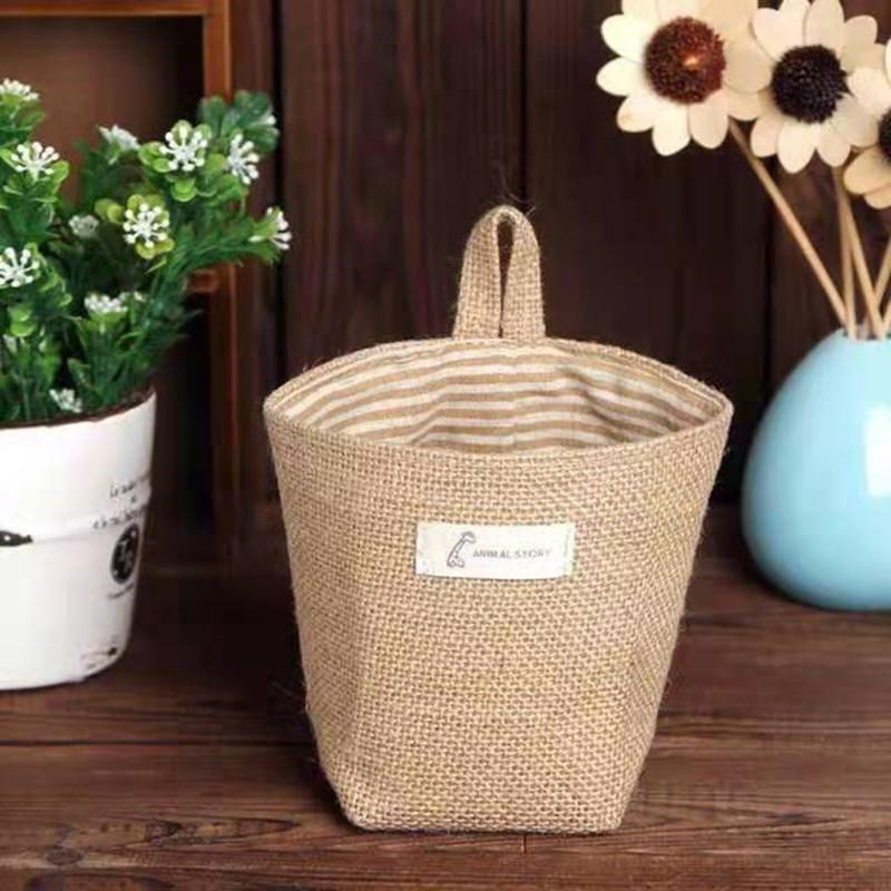 Hanging Storage Bag Fabric Jute Desktop Storage Bucket Home Office Organizer Flower Pot Small Sack Bathroom Kitchen Basket