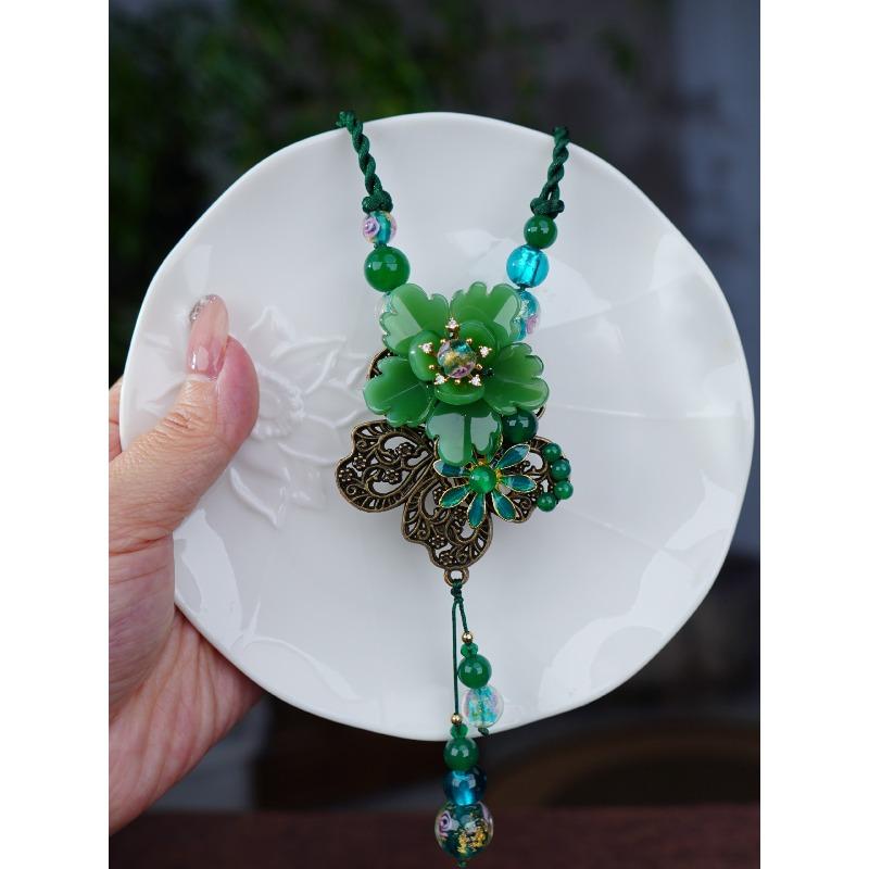 GEMCHIC Women's Vintage Chinese Style Green Flower Glass Bead Sweater Chain Necklace Long Pendant Jewelry
