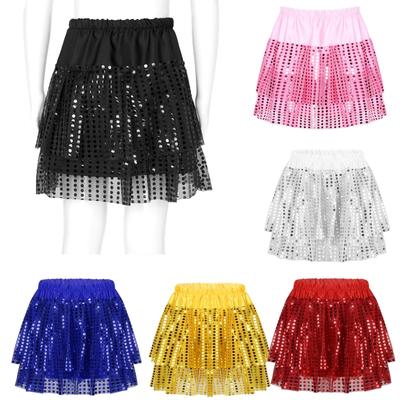 Kids Girls Dance Skirt Children Short Skirt Sequins Decor Tiered Tutu Skirt for Stage Costume
