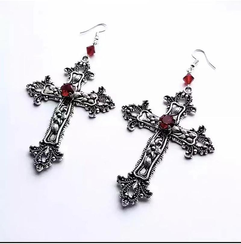 Gothic Dark Red Ruby Cross Necklace Vintage Floral Pendant For Unisex Fashion Lovers