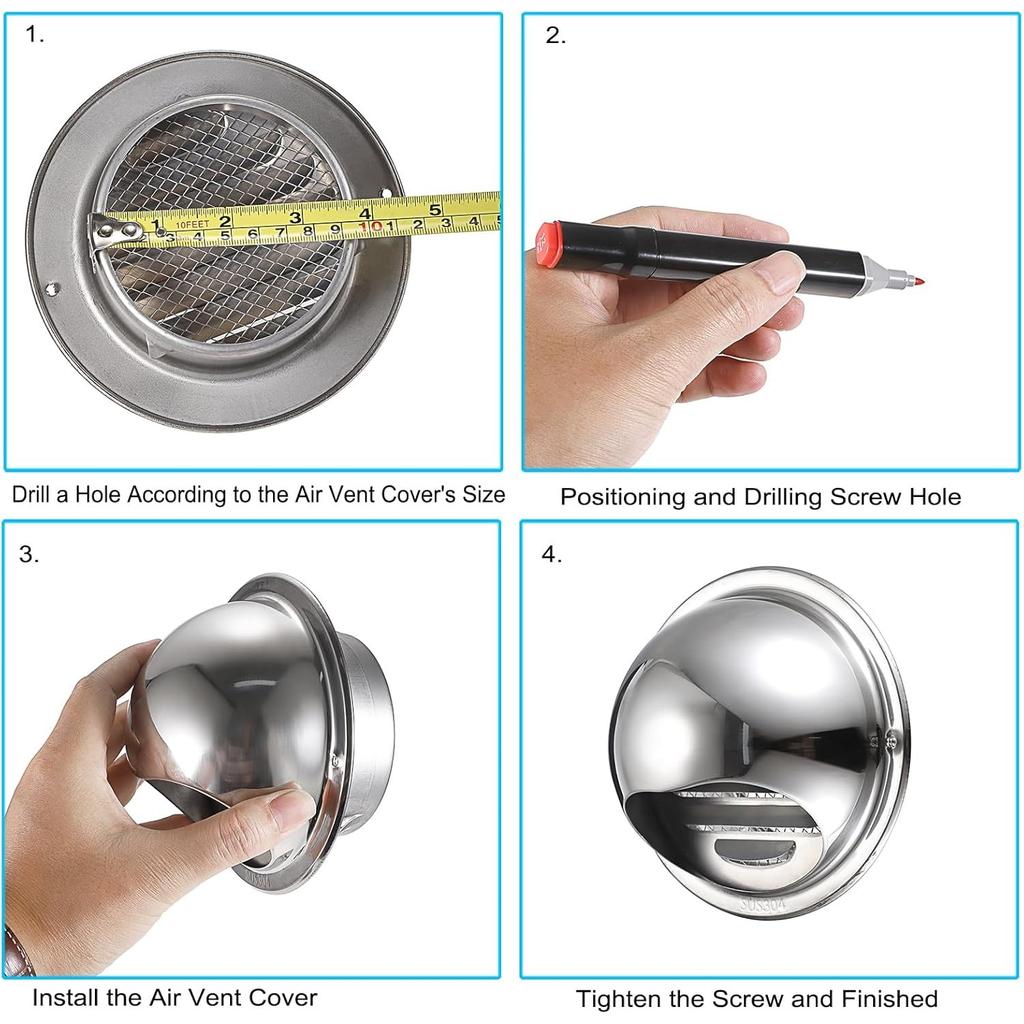 2 Stück 304 Edelstahl Lüftungsgitter Wandlüftungsabdeckung, Rund 98mm Lüftungsgitter Haube Abluftventilator Lüftungsabdeckung mit integriertem