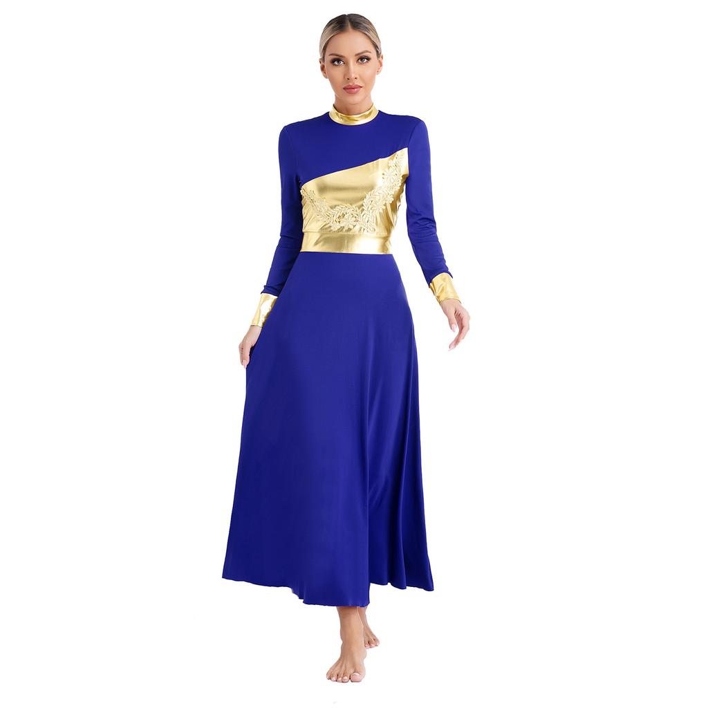 Womens Liturgical Praise Dance Dress Metallic Shiny Color Block Mock Neck Long Sleeve Applique Worship Costume