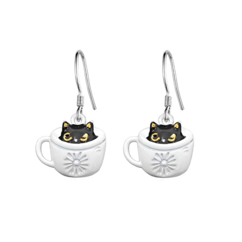 Cute Black Cat In Coffee Cup Drop Earrings for Women Sweet Enamel Cat Design Dangle Earrings Fashion Daily Jewelry