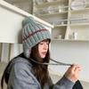 Fashion Knit Hat With Ear Flaps Tie Pom Pom Warm Winter Hat