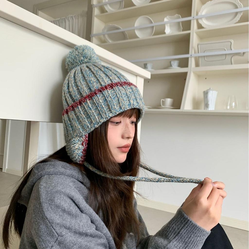 Fashion Knit Hat With Ear Flaps Tie Pom Pom Warm Winter Hat