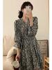 Women's Slimming Long Sleeve Floral A-line Dress - French Style, Spring/Autumn