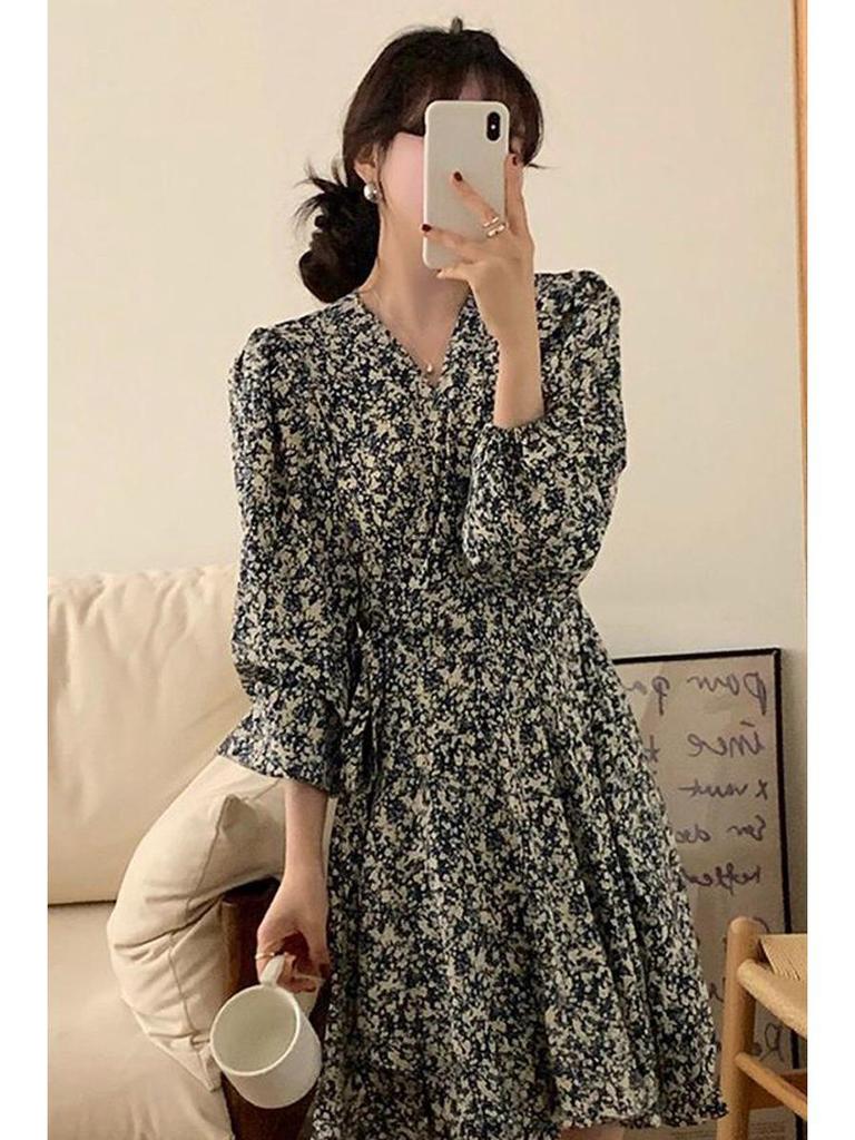Women's Slimming Long Sleeve Floral A-line Dress - French Style, Spring/Autumn