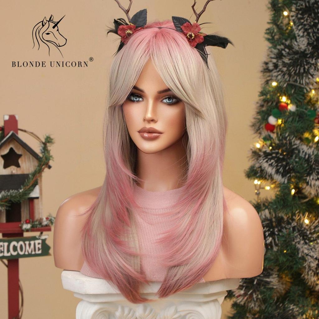 BLONDE UNICORN Synthetic Medium Long Straight Ombre Pink Blonde Wig For Women Cosplay Halloween Wigs Heat Resistant False Hair
