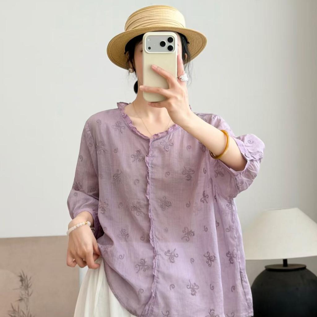 1116 Summer New Women's Round Neck Japanese Ramie Shirt Loose Shirt Top Cardigan Literary Style Ins