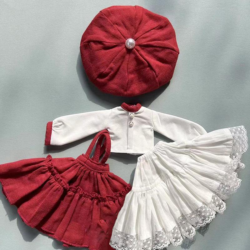 

Платье-юбка для куклы ручной работы, берет, шляпа, кукольное ретро-платье, комплект одежды для куклы Blythes Ob22 Ob24, аксессуары для куклы Blyth красный