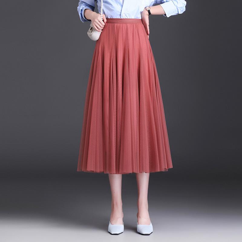 Korean High-Waist Mid-Length Tulle A-Line Skirt - Spring/Summer Pleated Mesh Design