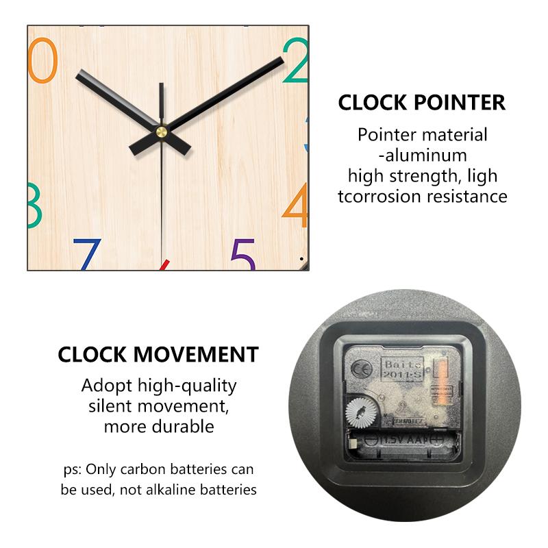 Round Wall Clock 2D Imitation Wood Grain Colorful Numerals Silent Quartz Clock Time Learning Wall Decor for Bedroom Classroom