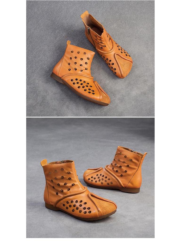 Shanghai Jiezhou 2024 Sandales Bottes Hautes Découpes Rétro en Cuir de Vachette - Chaussures Décontractées Confortables Polyvalentes pour Femmes