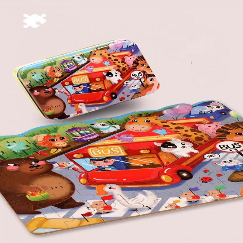 Children's Puzzle Toys, Wooden Flat Puzzle Pieces, Children's Enlightenment Style Wooden Iron Box, Irregular Puzzle Pieces