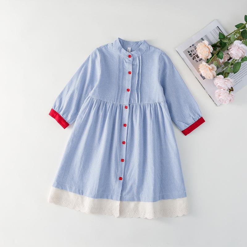 

Весеннее корейское ретро-платье в клетку длиной до колена с пуговицами для девочек 2025 года 130 cm синий