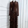 Women's Bow Tie Neck Long Sleeve Maxi Dress Slim Fit High Waist Elegant Ruffle A Line Dress