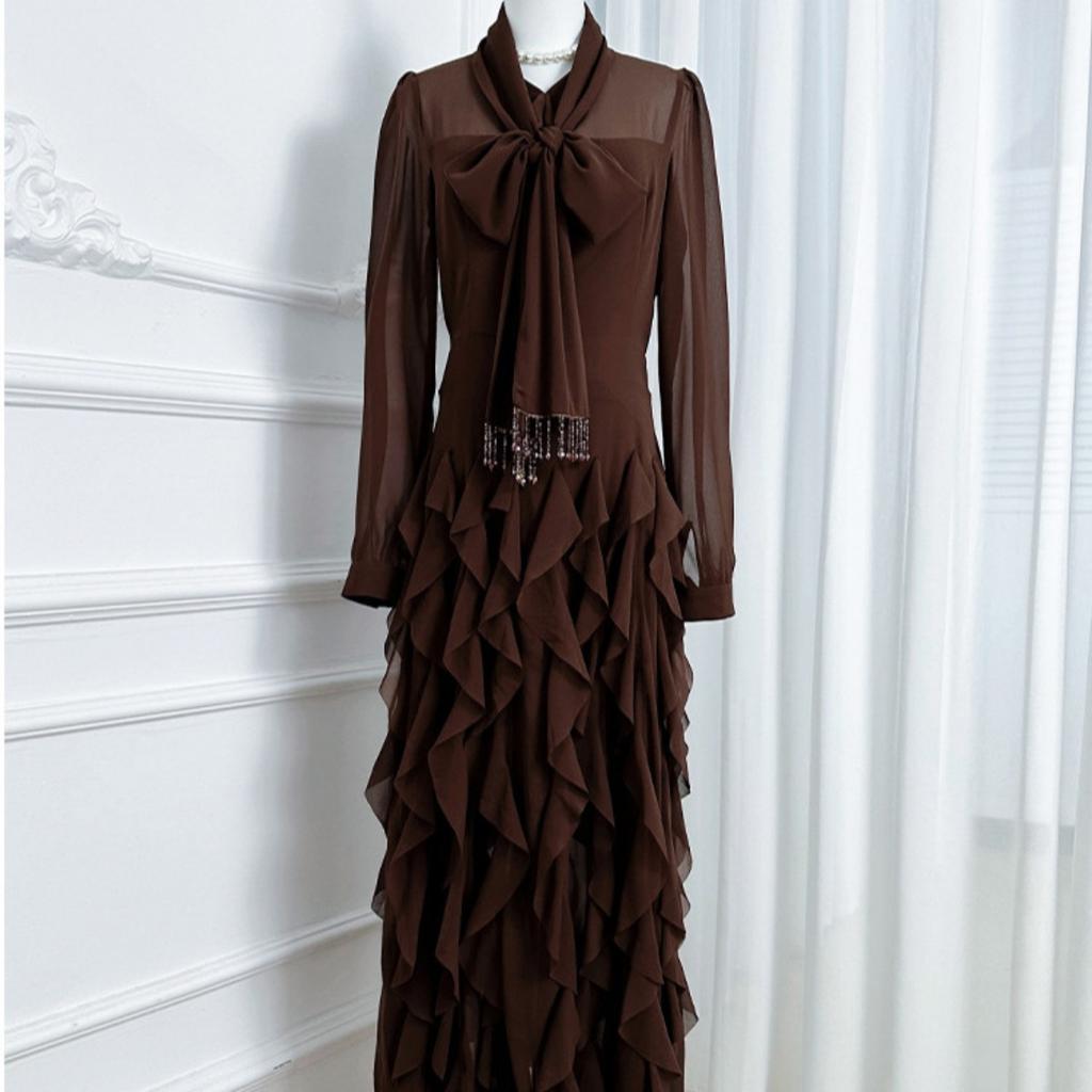 Women's Bow Tie Neck Long Sleeve Maxi Dress Slim Fit High Waist Elegant Ruffle A Line Dress