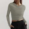 Y24TP472 T-shirt Sexy da Donna in Rete Pieghettata a Manica Lunga - Colore Unito, Moda Autunnale Europea e Americana