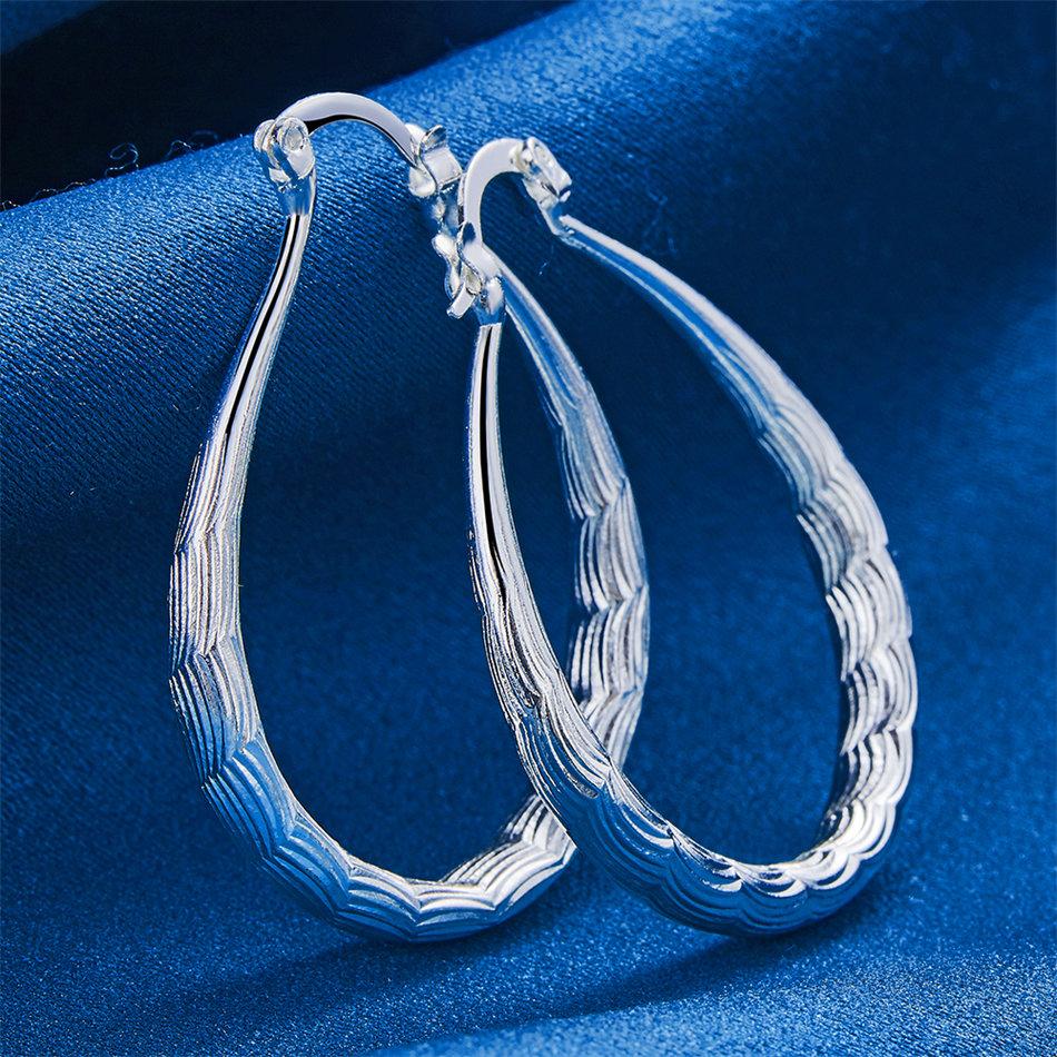 1 Pair 925 Sterling Silver 30mm Delicate Pattern Round Hoop Earrings for Women Jewelry Fashion Gift Accessories Party