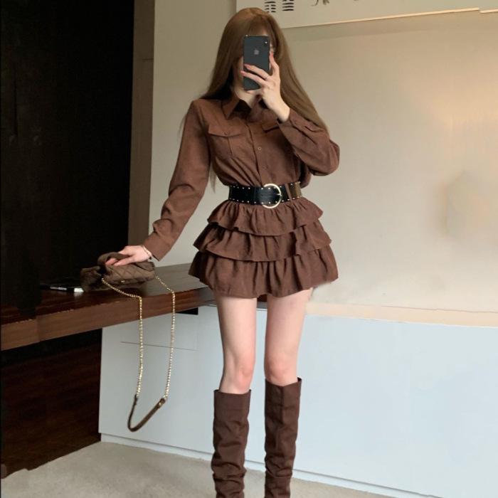 

Women s Petite Spring/Autumn Two-Piece Set: Relaxed Fit Long Sleeve Shirt with Cake Mini Skirt and Safety Shorts XL