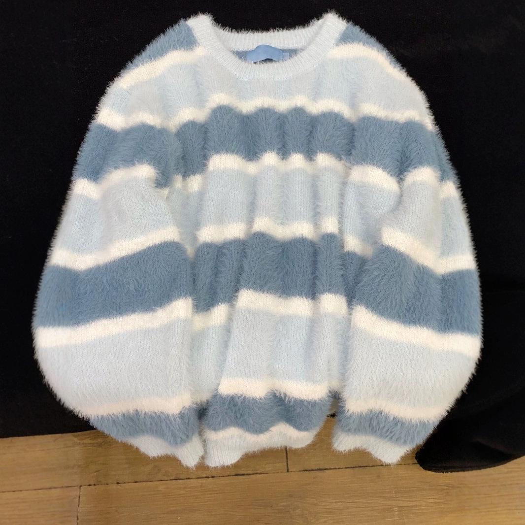 

Унисекс Уютный Пуловер Свитер в Полоску с Цветными Блоками для Осени/Зимы Large синий